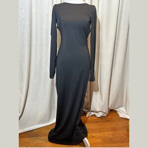 Long-Sleeve Backless Bodycon Maxi Dress – Black, Stretch , Ruched Detail - M